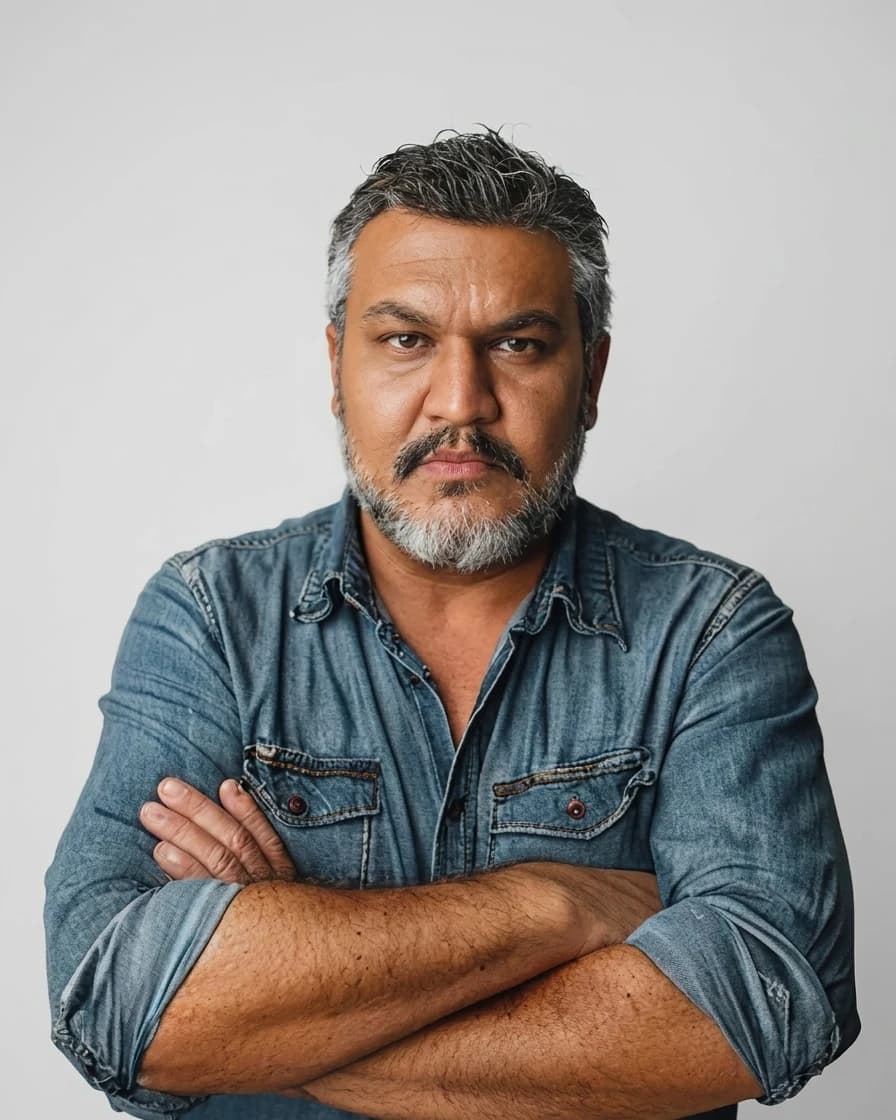 Mohammed Al-Hafiz, arms folded, in a denim shirt against a plain light backdrop
