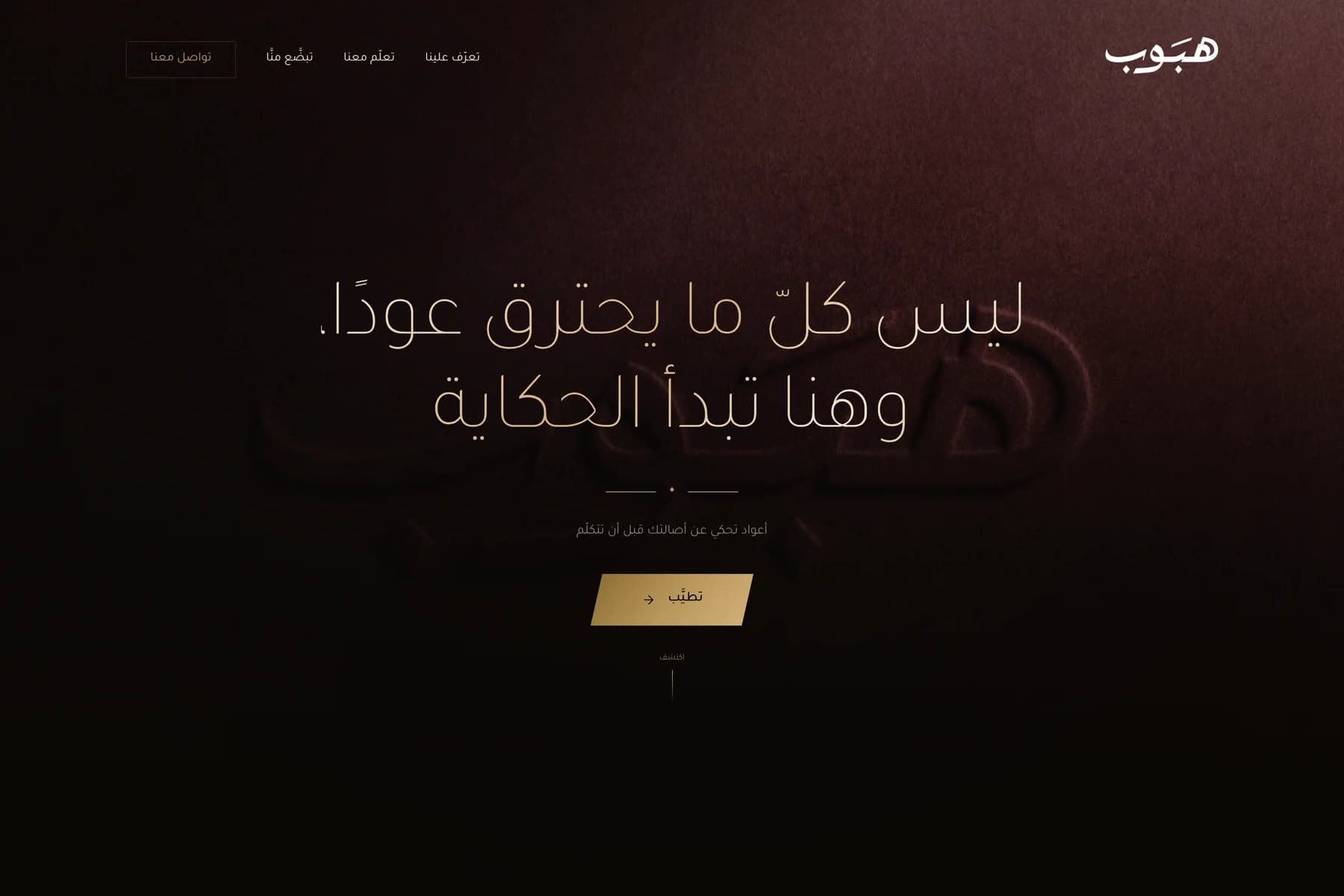 الصفحة الرئيسية لهبوب بتصميم عنابي داكن، وخط عربي ذهبي بارز، ودعوة واضحة لاتخاذ الإجراء.