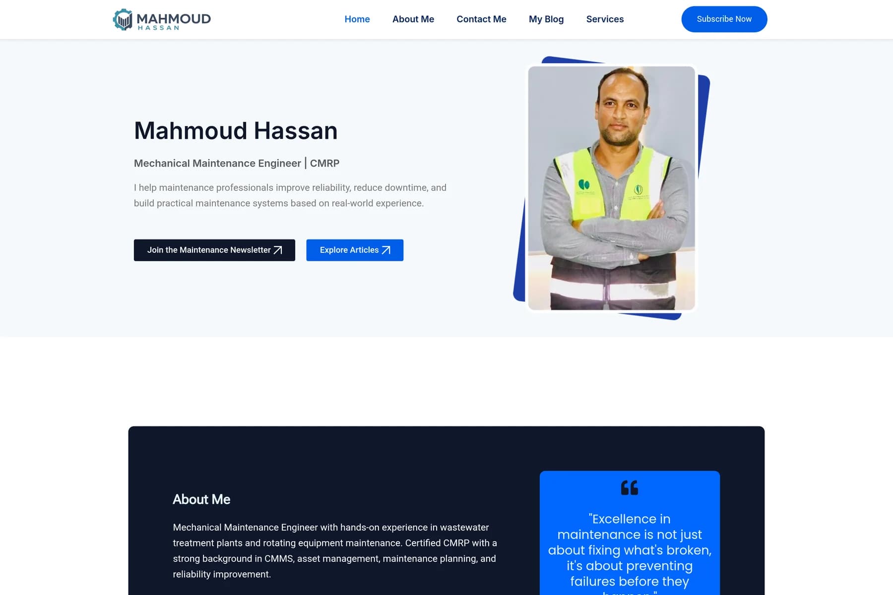 الصفحة الرئيسية للمهندس محمود حسن، بتصميم أزرق وأبيض وصورة شخصية ودعوة للاشتراك في النشرة.